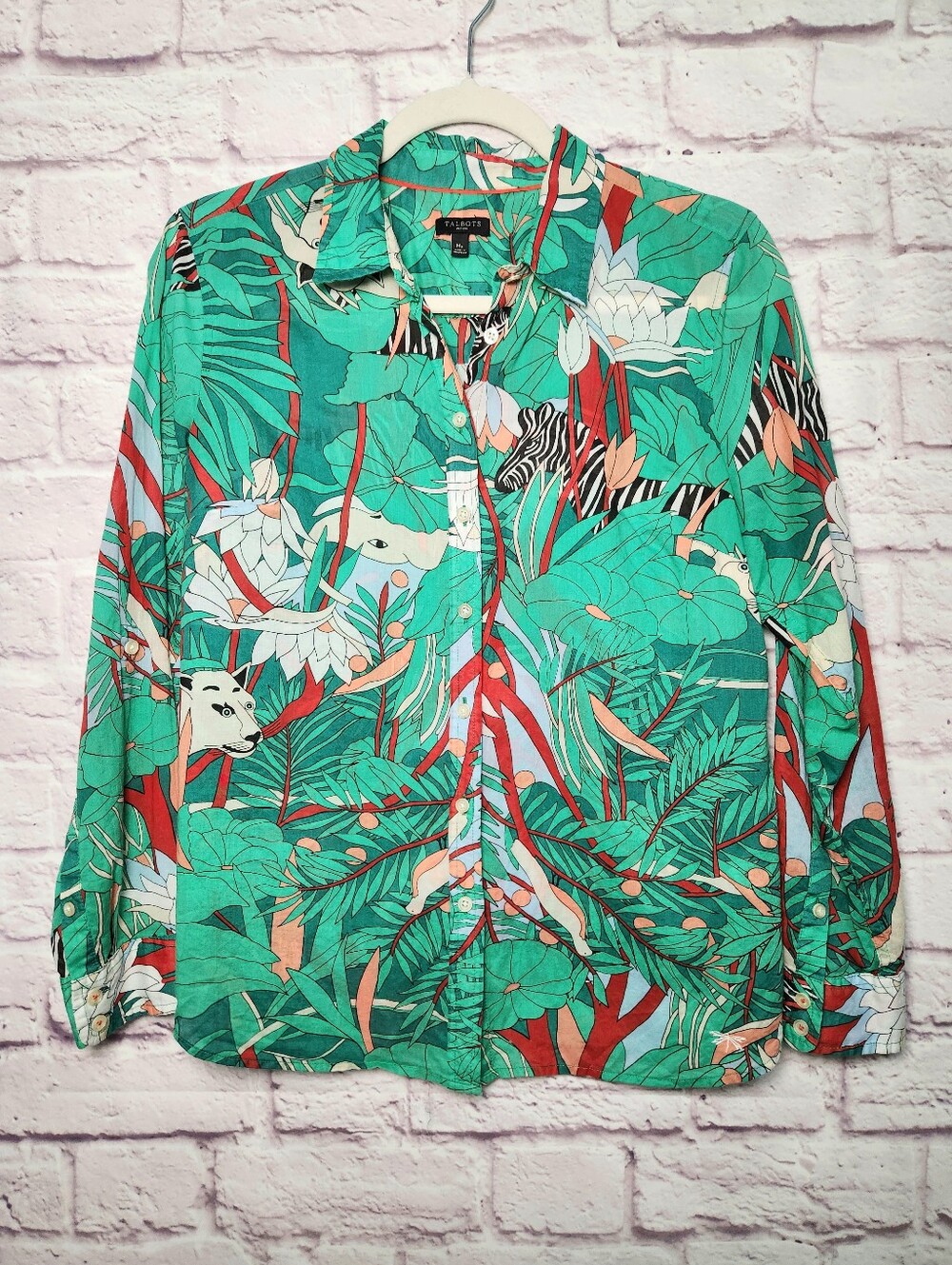 Talbots Jungle Botanical Cotton Button-Up Shirt zebras, leopards, white tiger MP